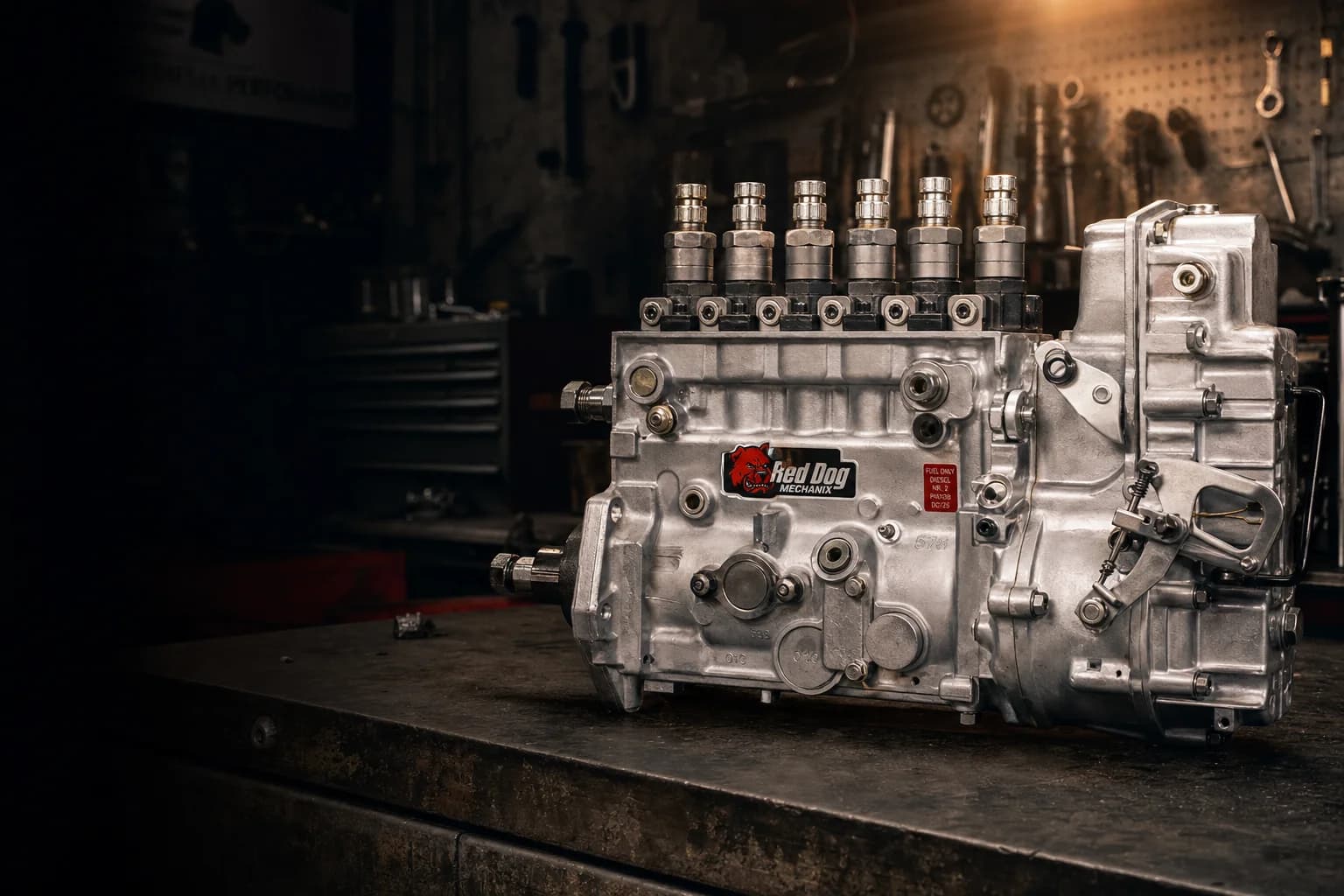 Diesel injection pump on workshop bench